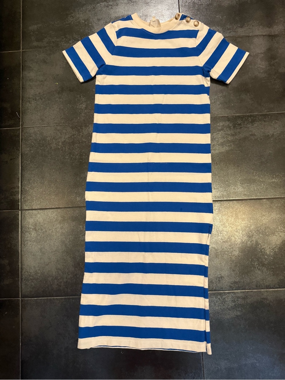 Sezane Blue and White Striped Short-Sleeve Maxi Dress